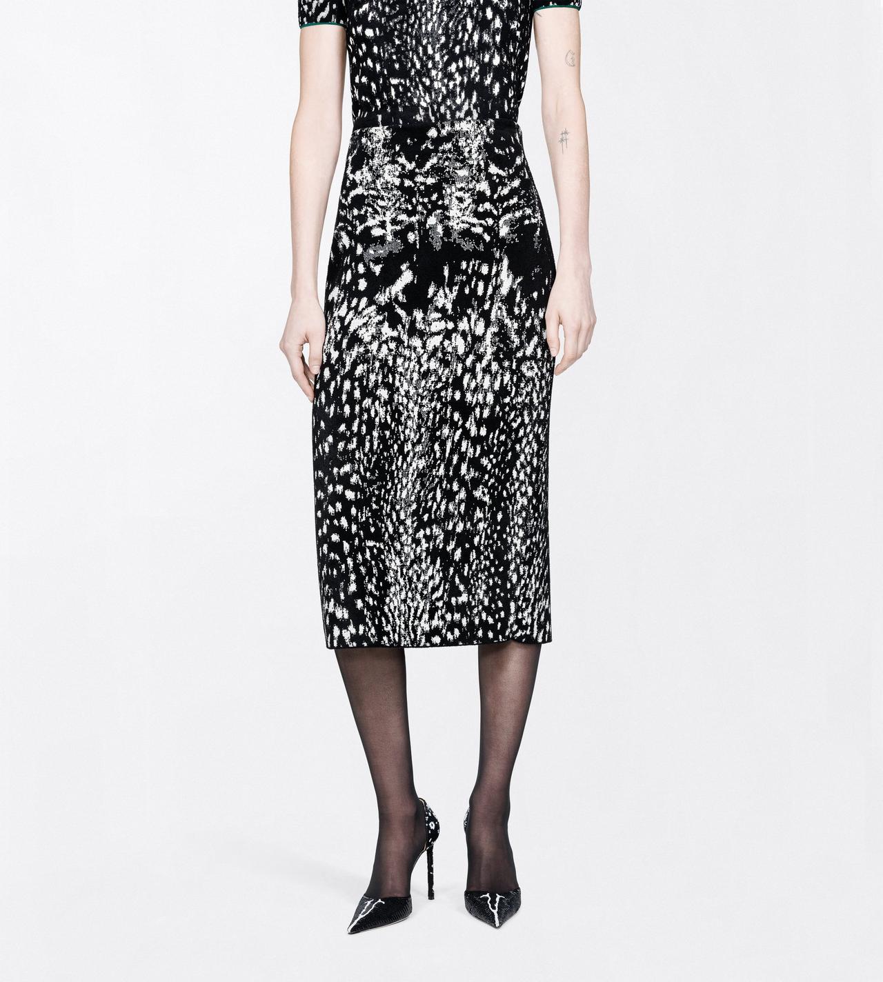 TOM FORD VELVET BLACK&WHITE + GREEN LYNX JACQUARD VELVET PENCIL SKIRT WITH FRONT SLIT