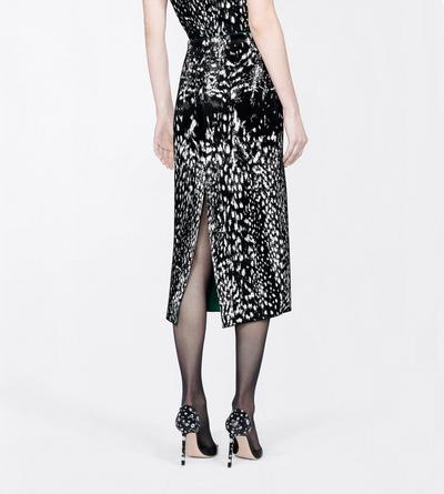 TOM FORD VELVET BLACK&WHITE + GREEN LYNX JACQUARD VELVET PENCIL SKIRT WITH FRONT SLIT