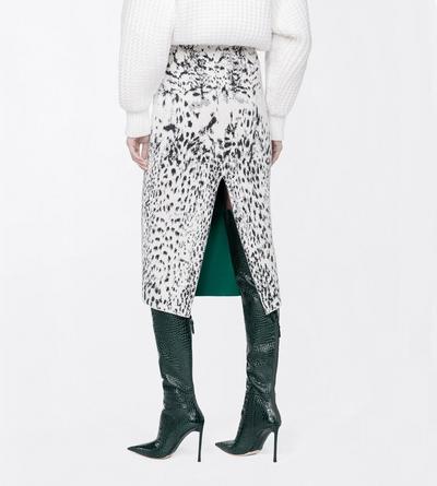 TOM FORD VELVET WHITE&BLACK + GREEN LYNX JACQUARD VELVET PENCIL SKIRT WITH FRONT SLIT