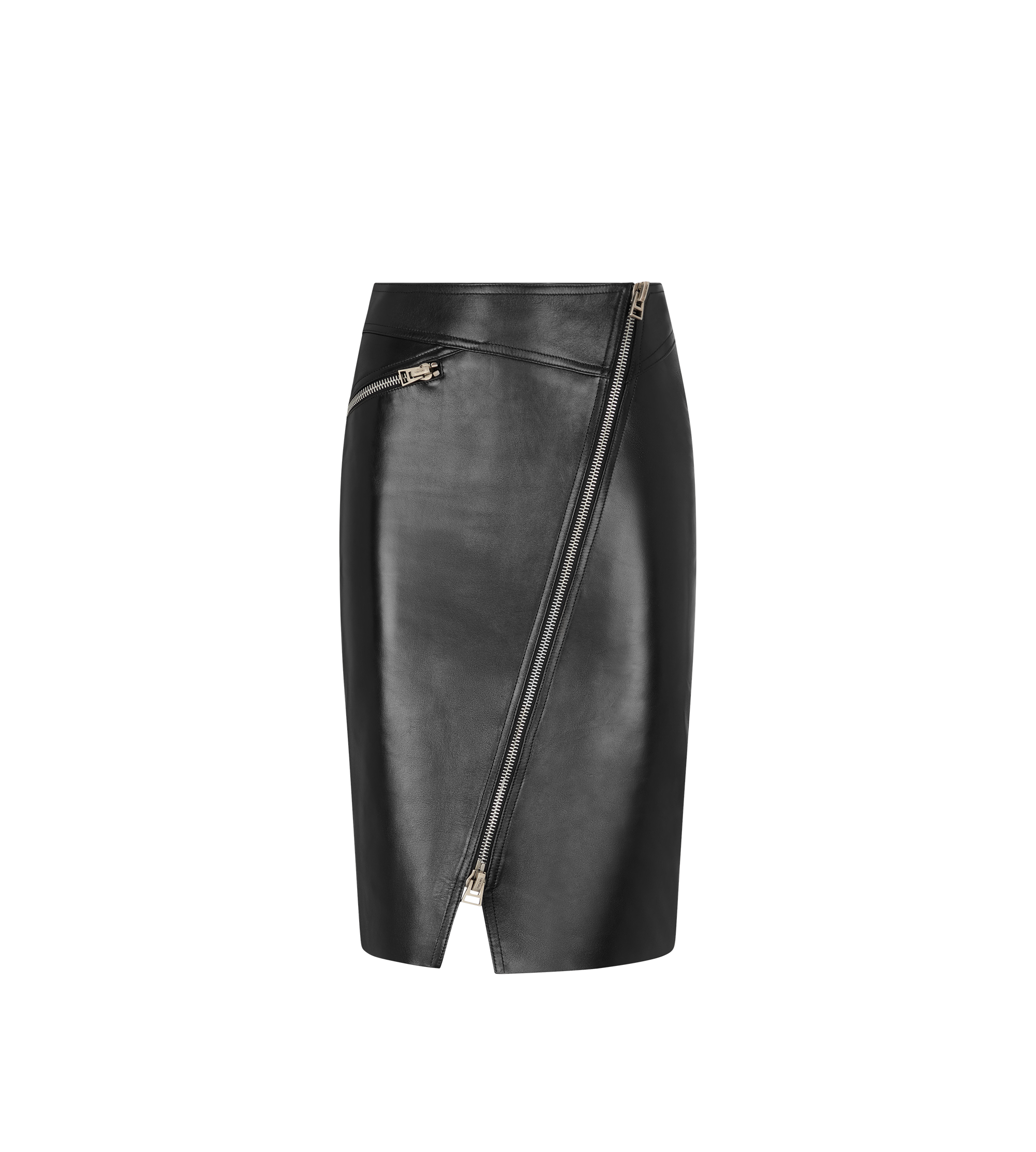 KNEE-LENGTH DIAGONAL ZIP LEATHER SKIRT