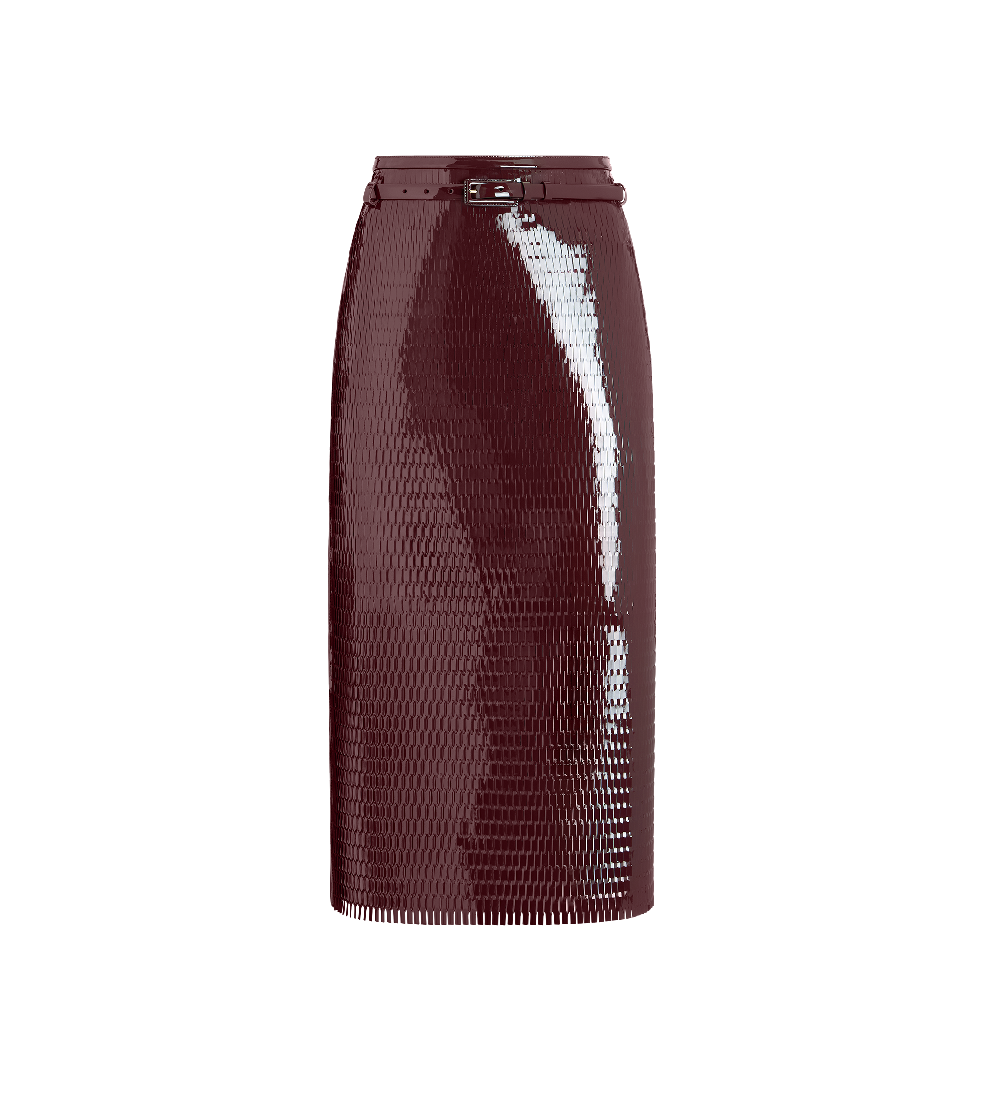 PERFORATED PATENT CALF LEATHER PENCIL SKIRT WITH SELF BELT