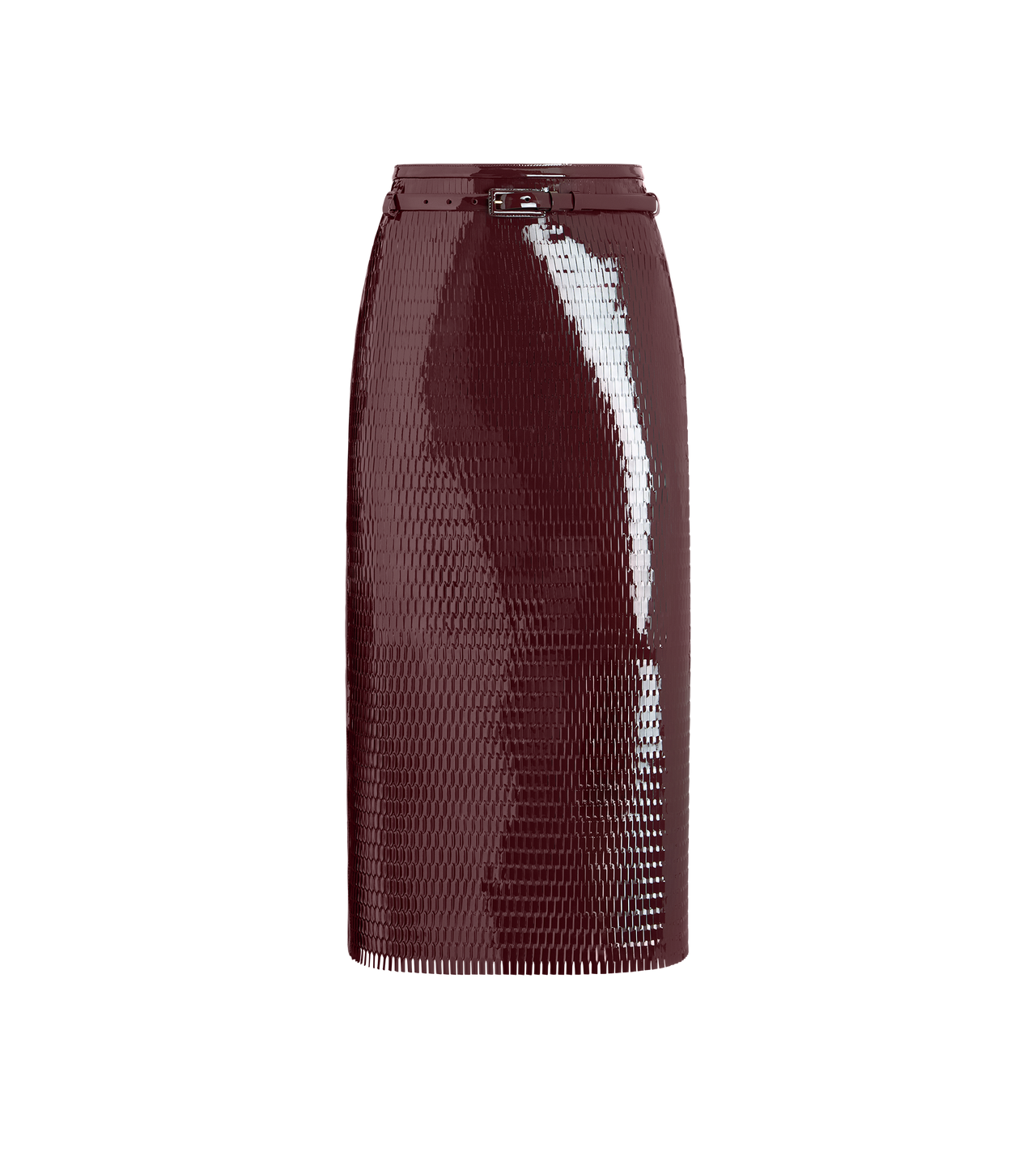 TOM FORD LEATHER MAROON & BLACK PERFORATED PATENT CALF LEATHER PENCIL SKIRT WITH SELF BELT