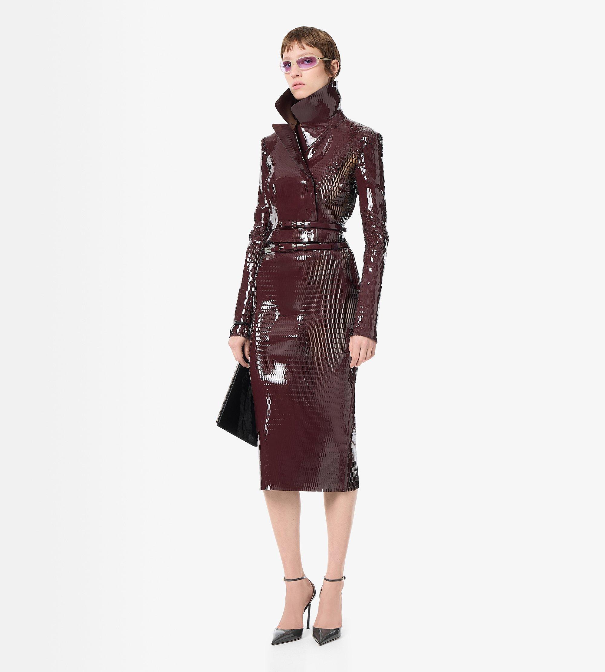 PERFORATED PATENT CALF LEATHER PENCIL SKIRT WITH SELF BELT