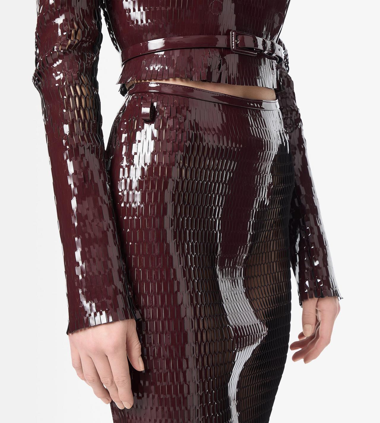 TOM FORD LEATHER MAROON & BLACK PERFORATED PATENT CALF LEATHER PENCIL SKIRT WITH SELF BELT