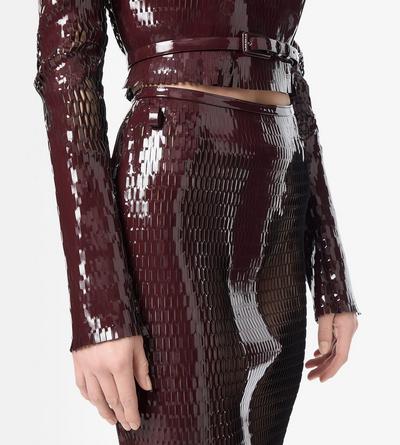 TOM FORD LEATHER MAROON & BLACK PERFORATED PATENT CALF LEATHER PENCIL SKIRT WITH SELF BELT