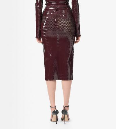TOM FORD LEATHER MAROON & BLACK PERFORATED PATENT CALF LEATHER PENCIL SKIRT WITH SELF BELT