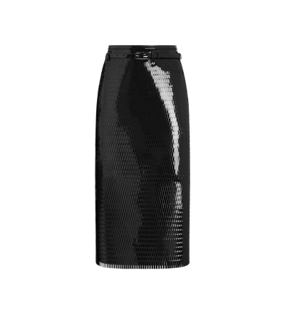 TOM FORD LEATHER BLACK & BLACK PERFORATED PATENT CALF LEATHER PENCIL SKIRT WITH SELF BELT
