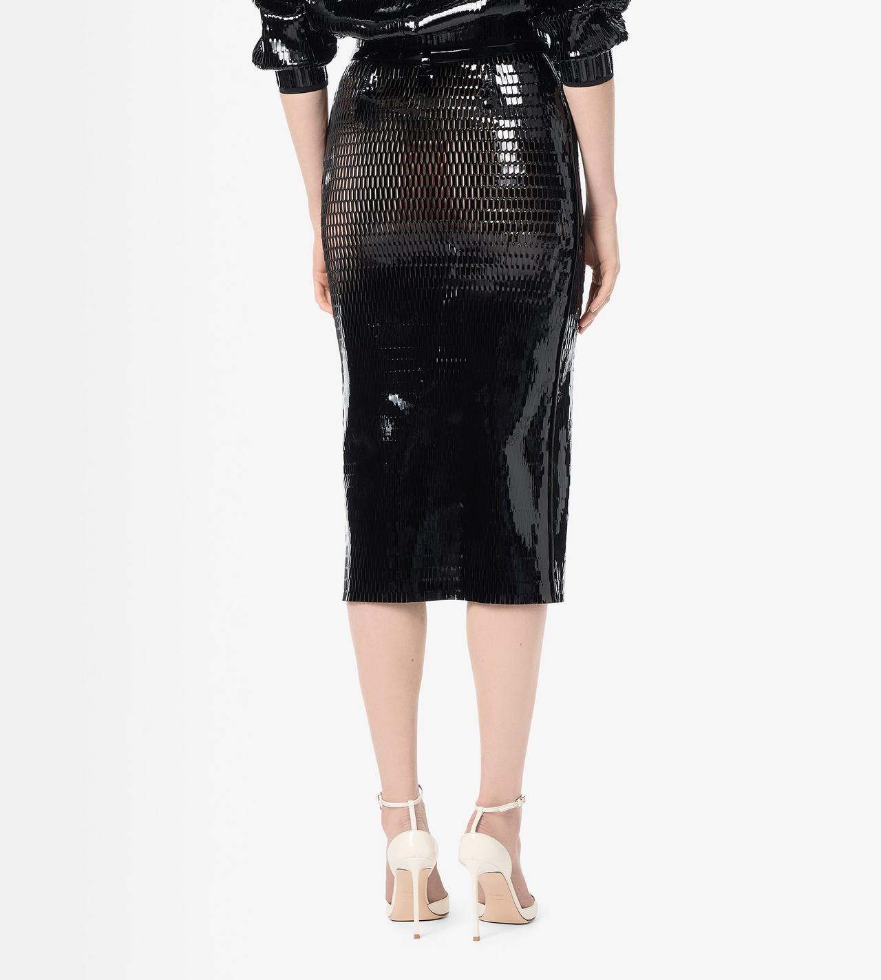 TOM FORD LEATHER BLACK & BLACK PERFORATED PATENT CALF LEATHER PENCIL SKIRT WITH SELF BELT
