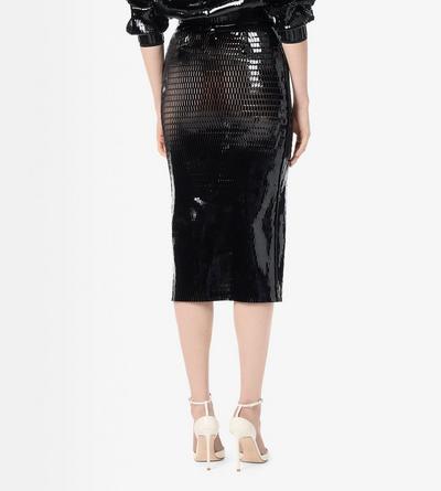 TOM FORD LEATHER BLACK & BLACK PERFORATED PATENT CALF LEATHER PENCIL SKIRT WITH SELF BELT