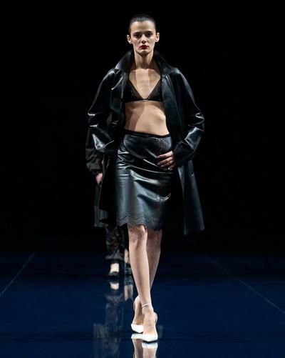 TOM FORD LEATHER BLACK SMOOTH AND LACEWORK LEATHER LINGERIE SKIRT