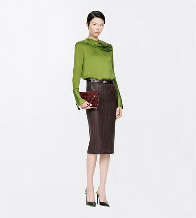 TOM FORD LEATHER COMBO WENGE' BROWN & BLACK NAPPA LEATHER STRIPES EMBROIDERY ON JERSEY TUBE SKIRT