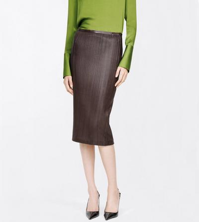 TOM FORD LEATHER COMBO WENGE' BROWN & BLACK NAPPA LEATHER STRIPES EMBROIDERY ON JERSEY TUBE SKIRT