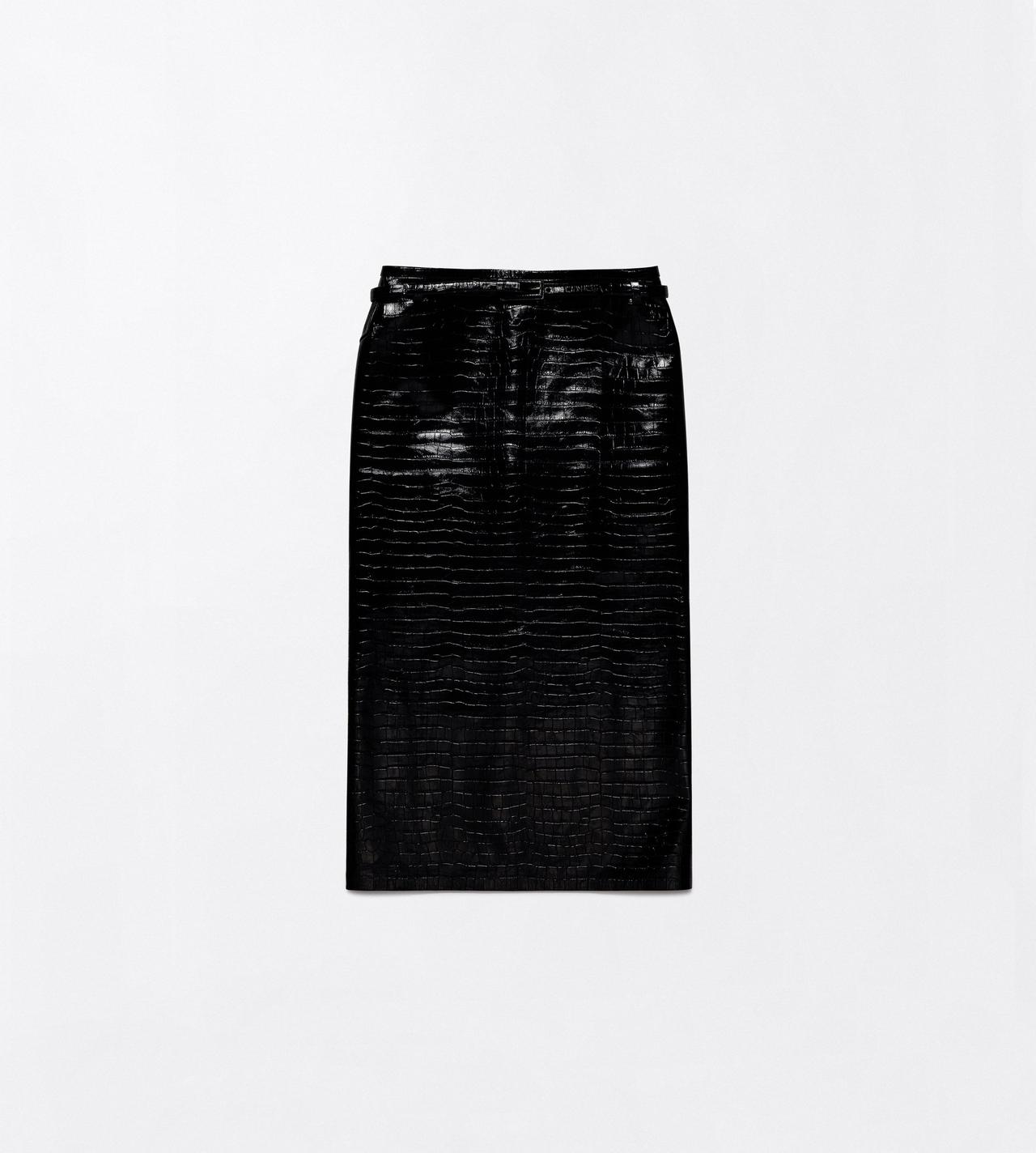 TOM FORD LEATHER BLACK EXOTIC PRINTED CALFSKIN PENCIL SKIRT WITH BELT DETAIL