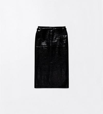 TOM FORD LEATHER BLACK EXOTIC PRINTED CALFSKIN PENCIL SKIRT WITH BELT DETAIL