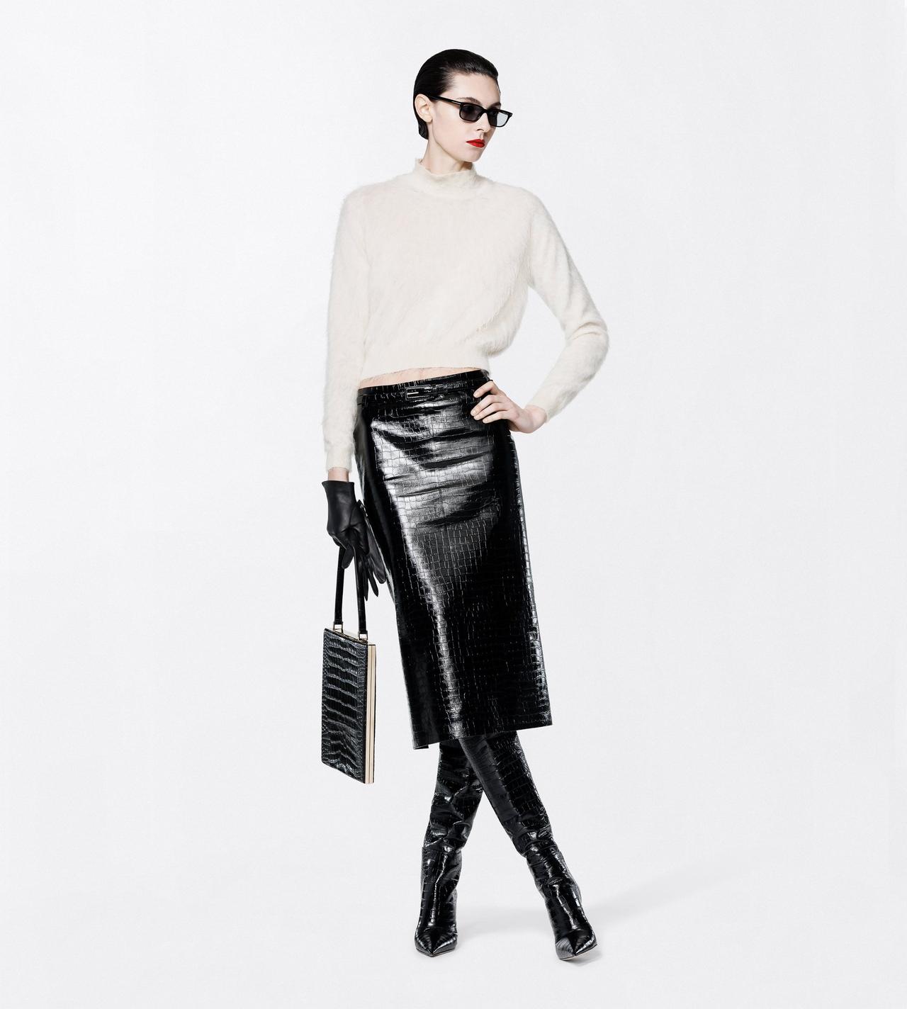 TOM FORD LEATHER BLACK EXOTIC PRINTED CALFSKIN PENCIL SKIRT WITH BELT DETAIL