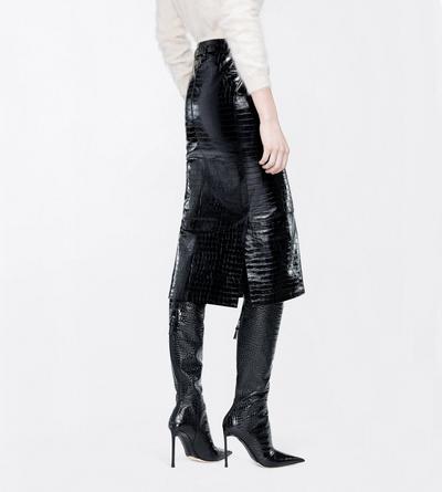 TOM FORD LEATHER BLACK EXOTIC PRINTED CALFSKIN PENCIL SKIRT WITH BELT DETAIL