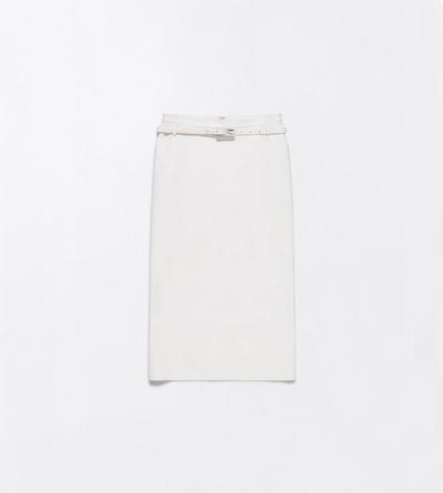TOM FORD LEATHER OFF WHITE GUANTERIA LEATHER PENCIL SKIRT WITH BELT DETAIL