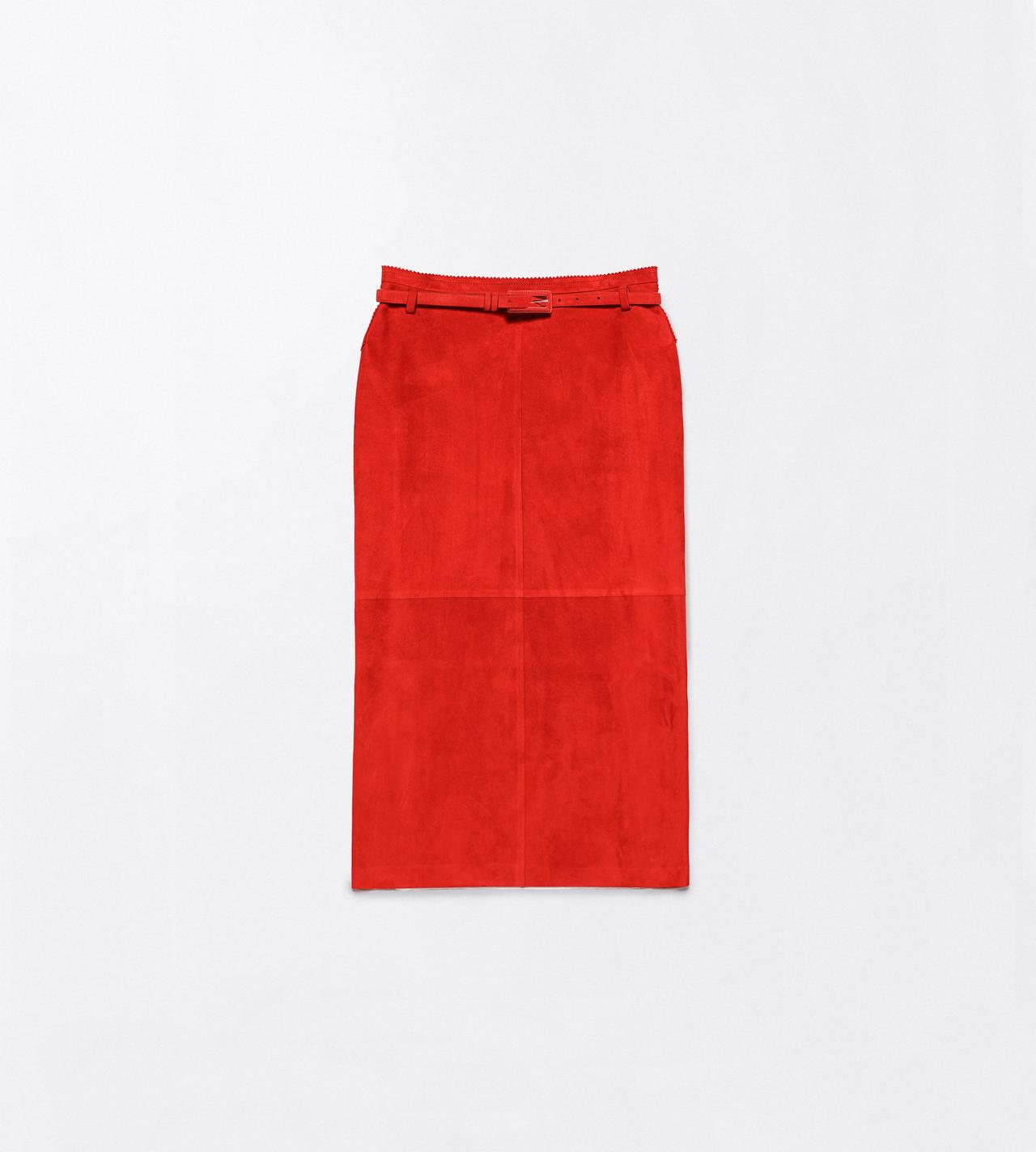 TOM FORD LEATHER RUBY RED SOFT SUEDE LAMBSKIN PENCIL SKIRT WITH BELT DETAIL