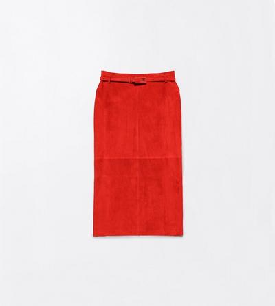 TOM FORD LEATHER RUBY RED SOFT SUEDE LAMBSKIN PENCIL SKIRT WITH BELT DETAIL
