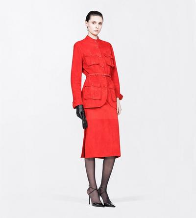 TOM FORD LEATHER RUBY RED SOFT SUEDE LAMBSKIN PENCIL SKIRT WITH BELT DETAIL