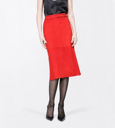 TOM FORD LEATHER RUBY RED SOFT SUEDE LAMBSKIN PENCIL SKIRT WITH BELT DETAIL