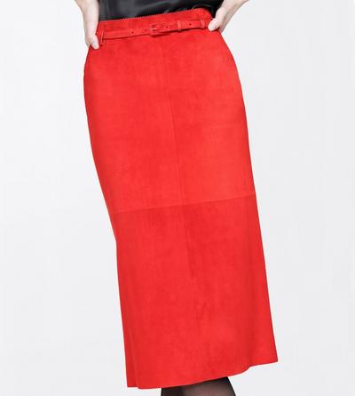TOM FORD LEATHER RUBY RED SOFT SUEDE LAMBSKIN PENCIL SKIRT WITH BELT DETAIL