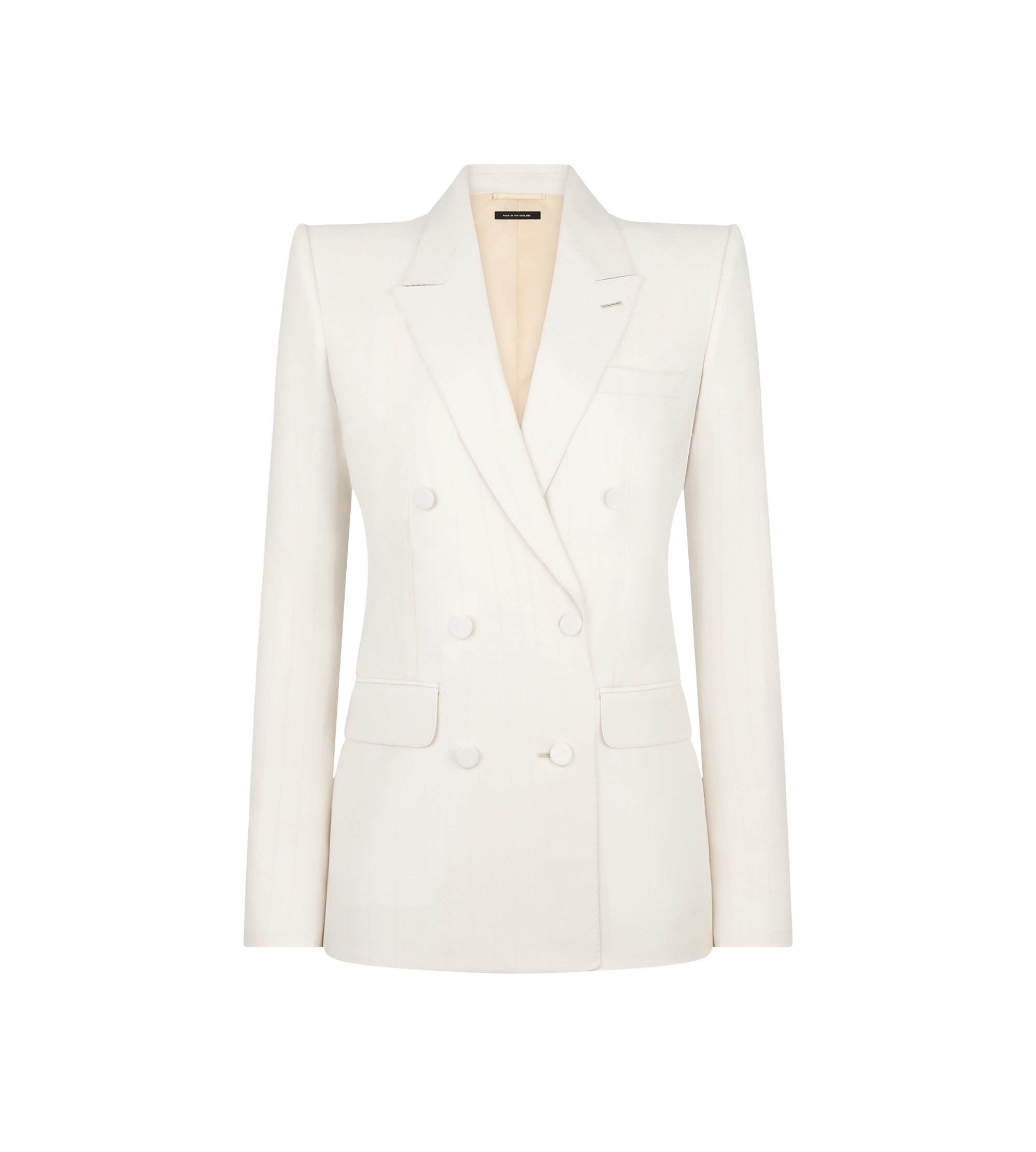 SHADOW STRIPE WOOL SILK DOUBLE BREASTED PEAK LAPEL JACKET