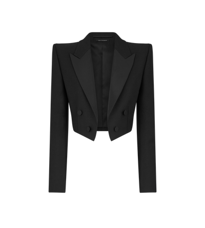 WOOL SILK BLEND DOUBLE BREASTED CROPPED TUXEDO JACKET image number 0