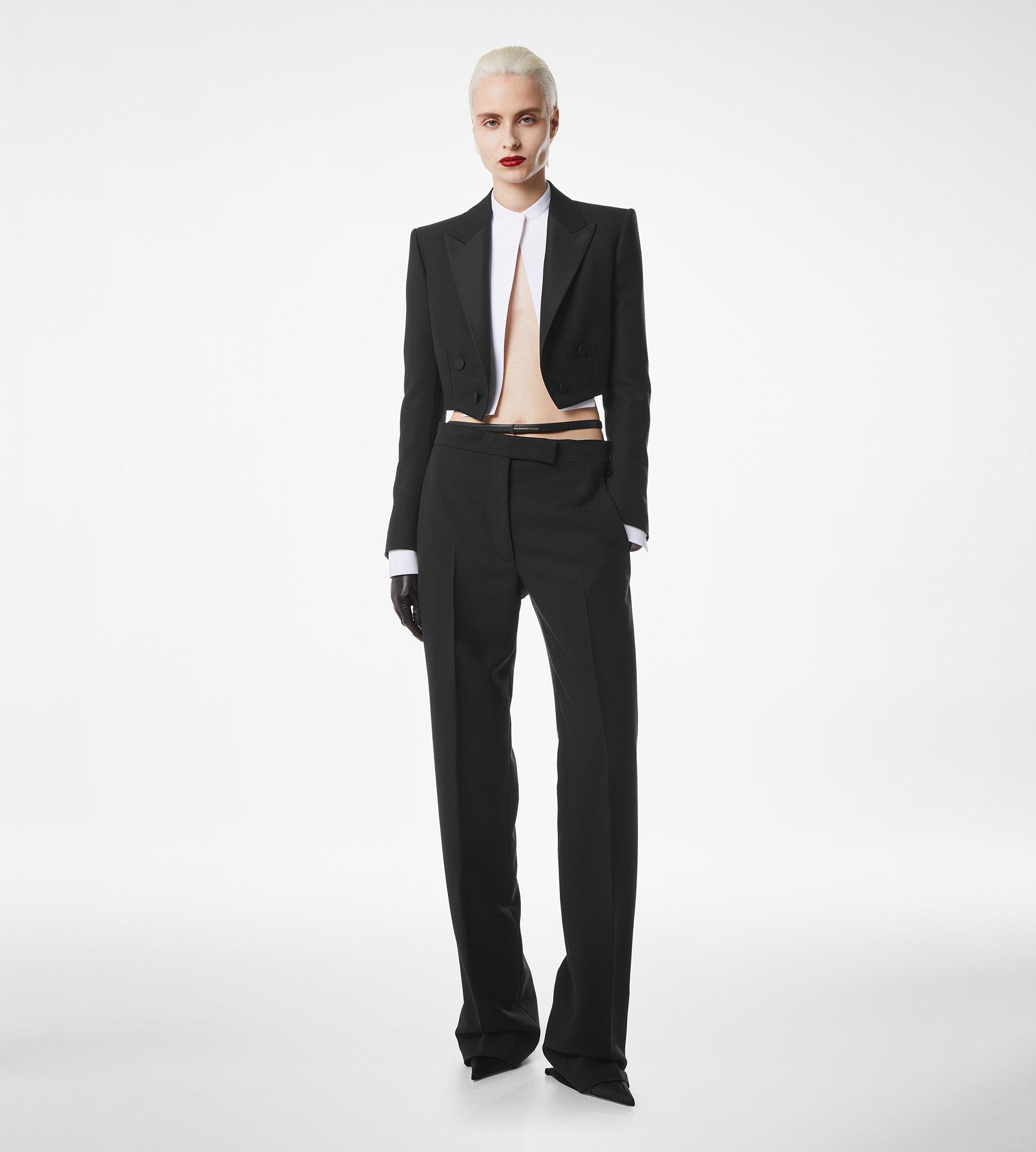 WOOL SILK BLEND DOUBLE BREASTED CROPPED TUXEDO JACKET