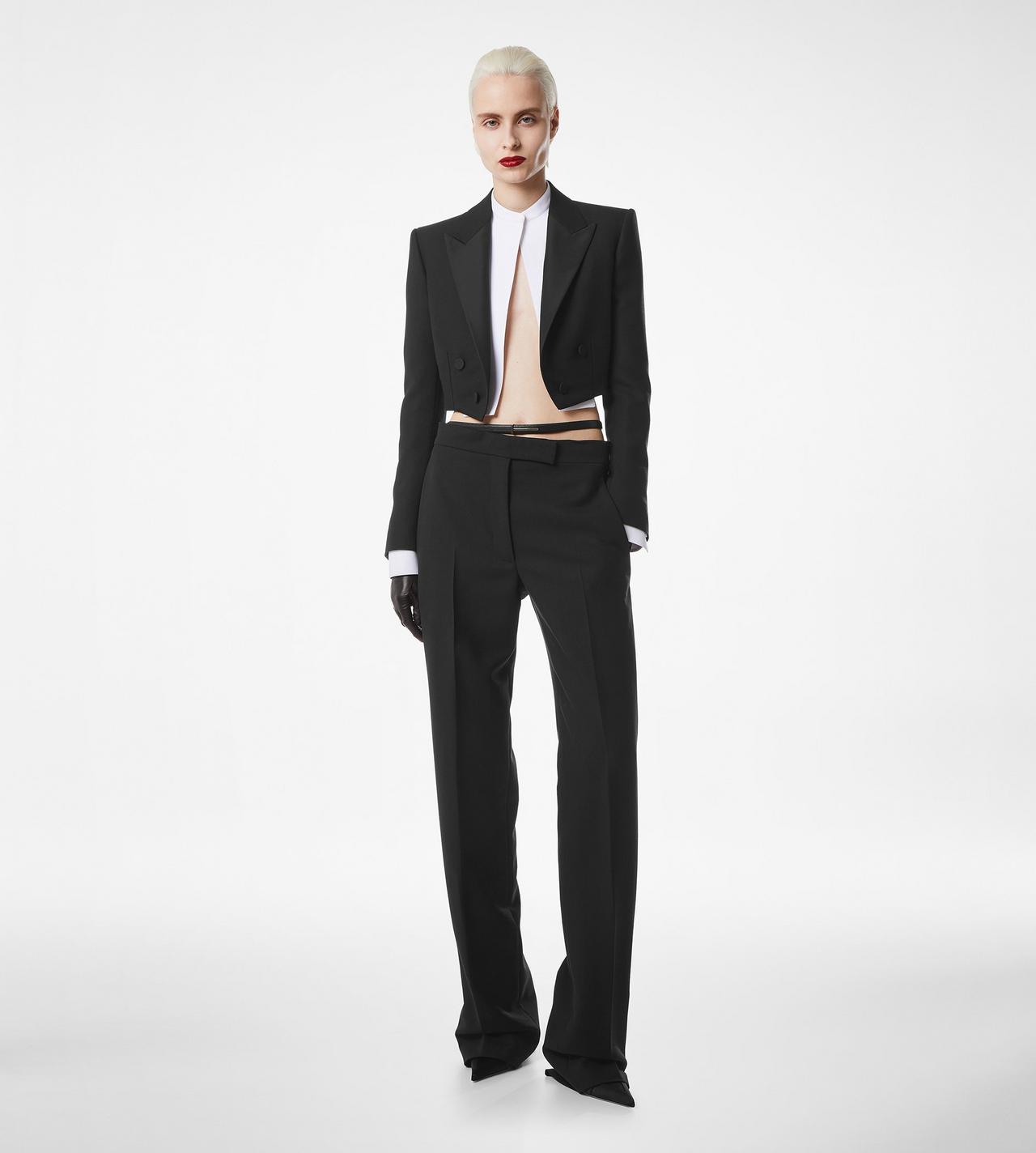 WOOL SILK BLEND DOUBLE BREASTED CROPPED TUXEDO JACKET image number 2