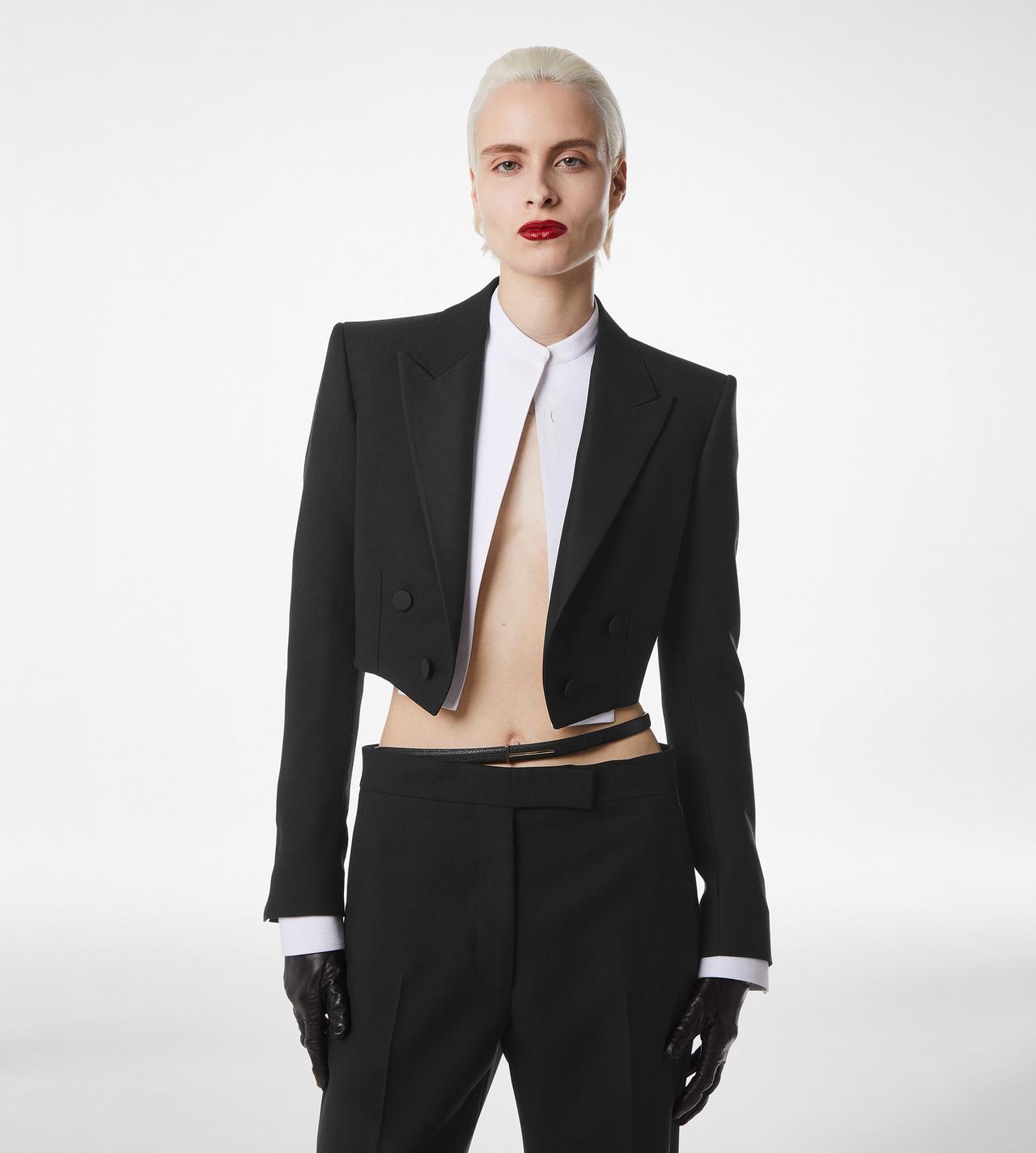 WOOL SILK BLEND DOUBLE BREASTED CROPPED TUXEDO JACKET image number 3