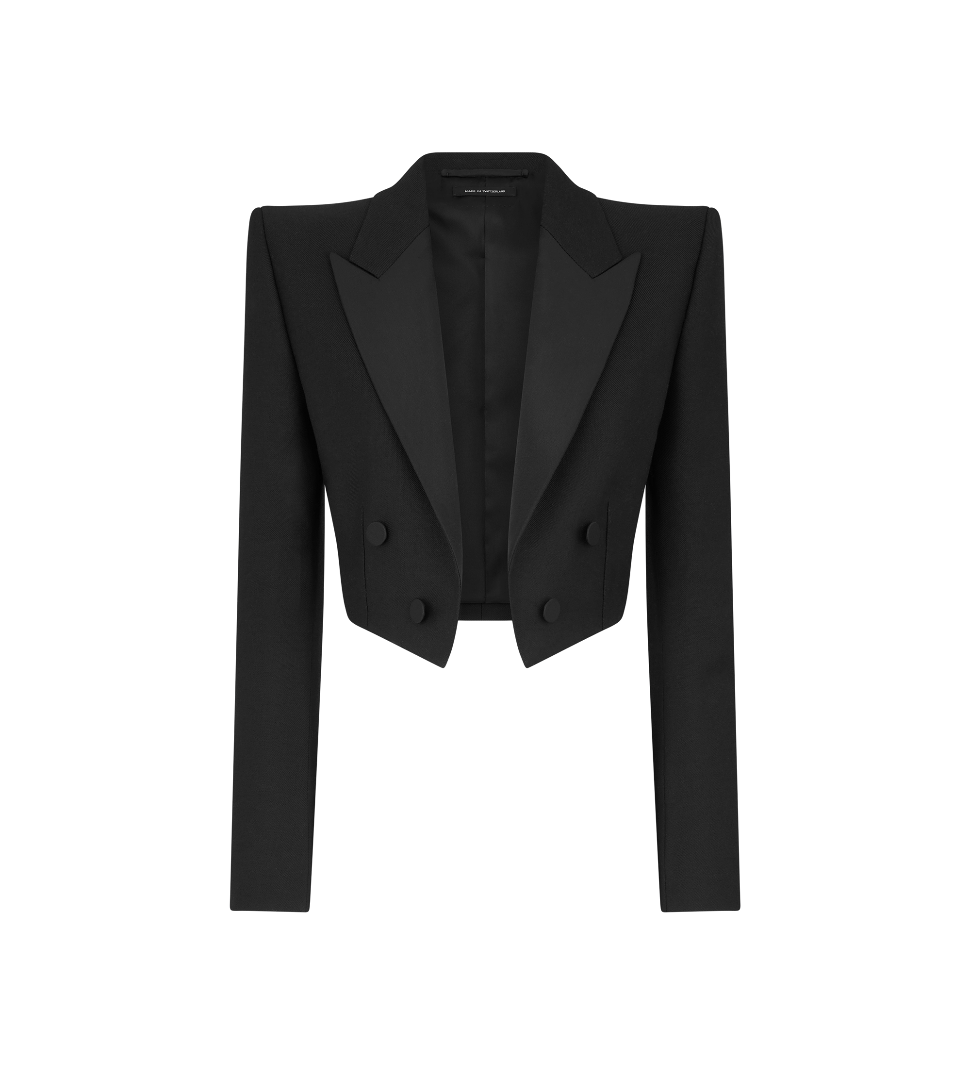 WOOL SILK BLEND DOUBLE BREASTED CROPPED TUXEDO JACKET