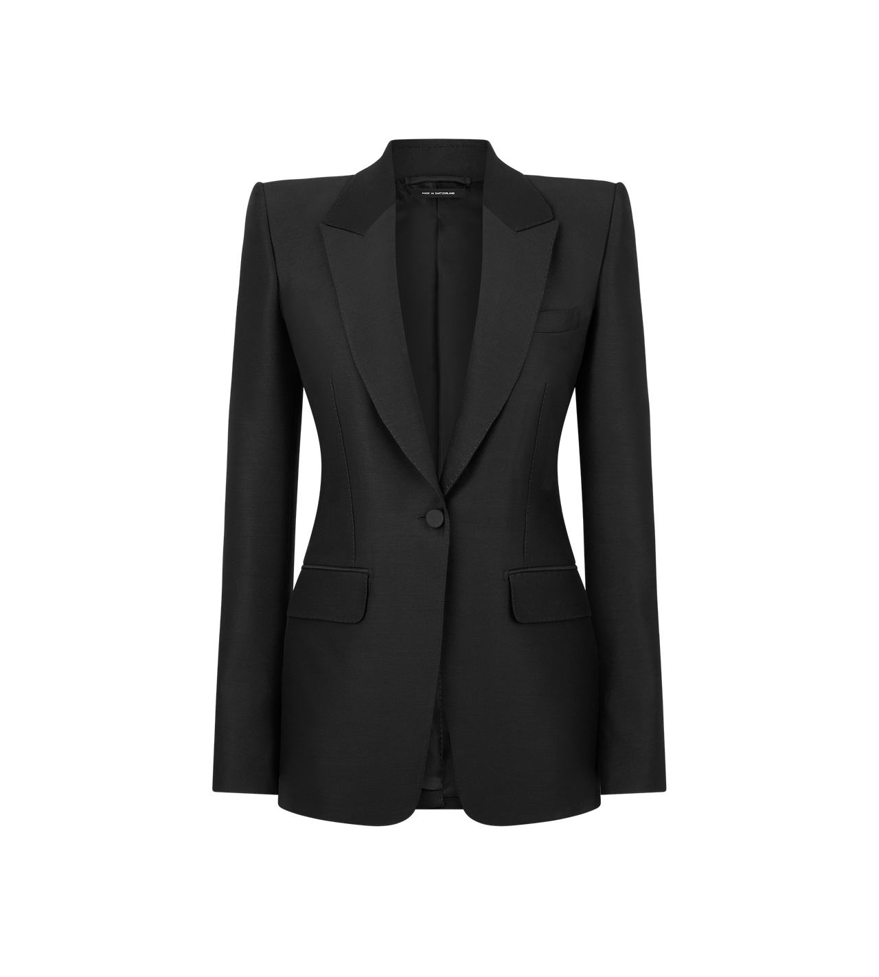TOM FORD WOOL SILK BLEND BLACK WOOL SILK RADZMIR SINGLE BREASTED PEAK LAPEL JACKET