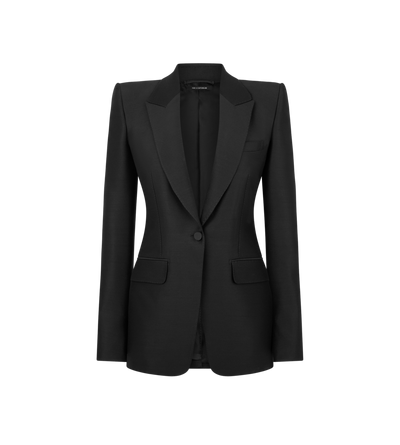 TOM FORD WOOL SILK BLEND BLACK WOOL SILK RADZMIR SINGLE BREASTED PEAK LAPEL JACKET