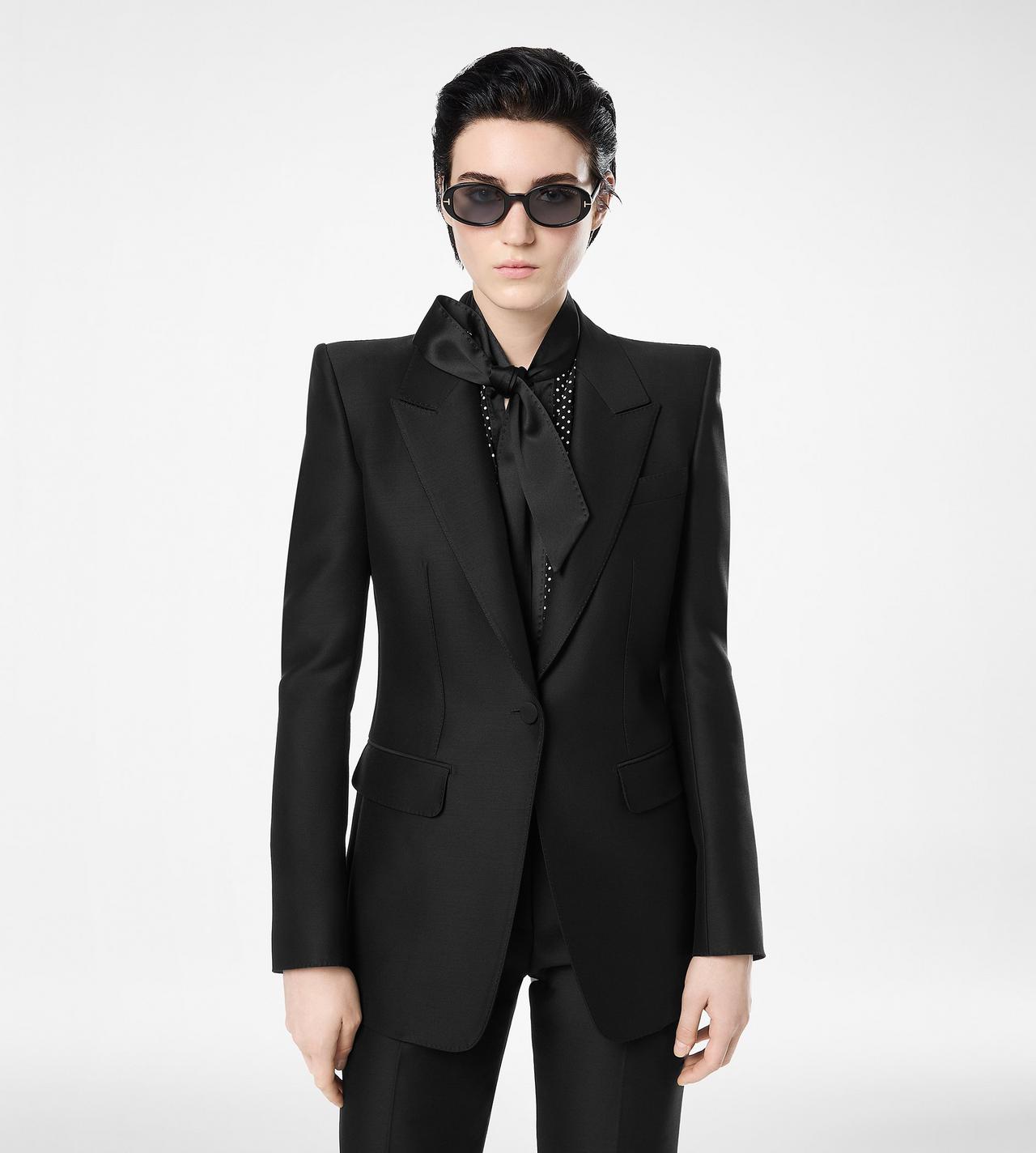 TOM FORD WOOL SILK BLEND BLACK WOOL SILK RADZMIR SINGLE BREASTED PEAK LAPEL JACKET