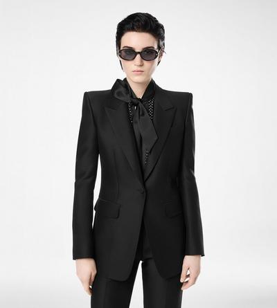 TOM FORD WOOL SILK BLEND BLACK WOOL SILK RADZMIR SINGLE BREASTED PEAK LAPEL JACKET