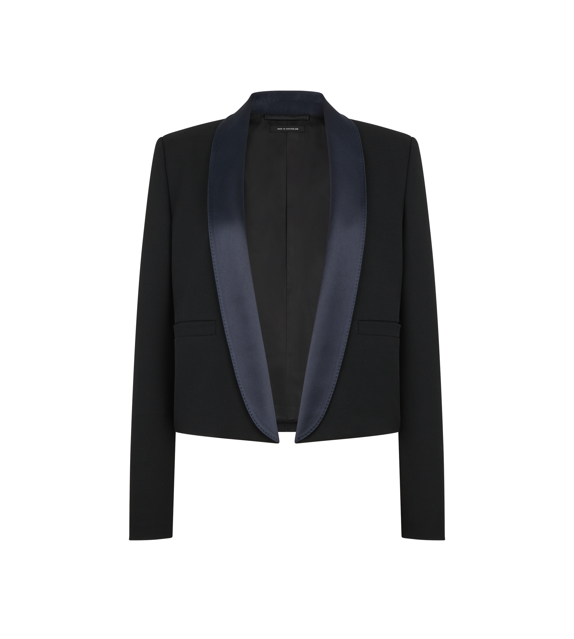 BI-COLOR SINGLE BREASTED SHAWL LAPEL CROPPED TUXEDO JACKET | TOM