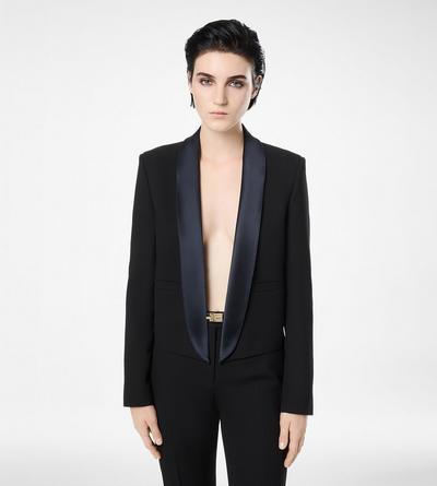 BI-COLOR SINGLE BREASTED SHAWL LAPEL CROPPED TUXEDO JACKET image number 3