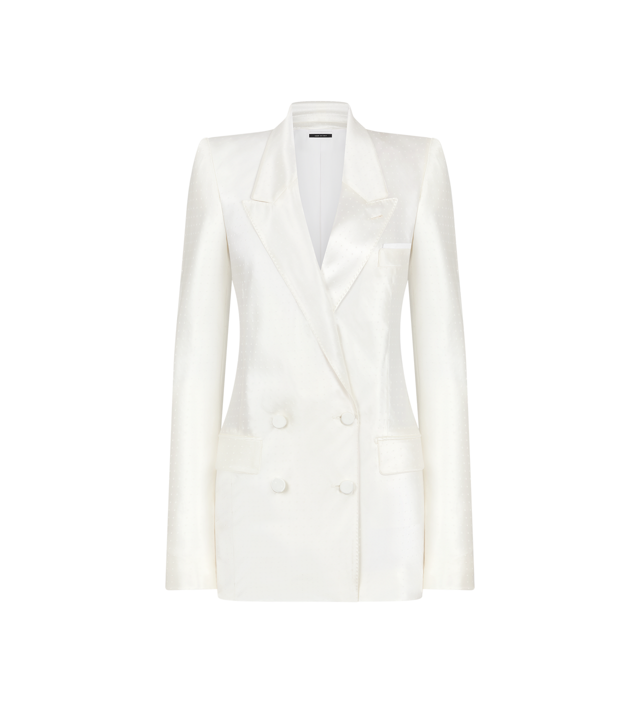 TOM FORD VISCOSE SILK BLEND OFF WHITE GIACCA DOPPIOPETTO CON REVER A LANCIA A TAGLIO DIAGONALE IN JACQUARD A MINI POIS