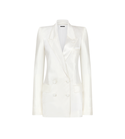 TOM FORD VISCOSE SILK BLEND OFF WHITE GIACCA DOPPIOPETTO CON REVER A LANCIA A TAGLIO DIAGONALE IN JACQUARD A MINI POIS