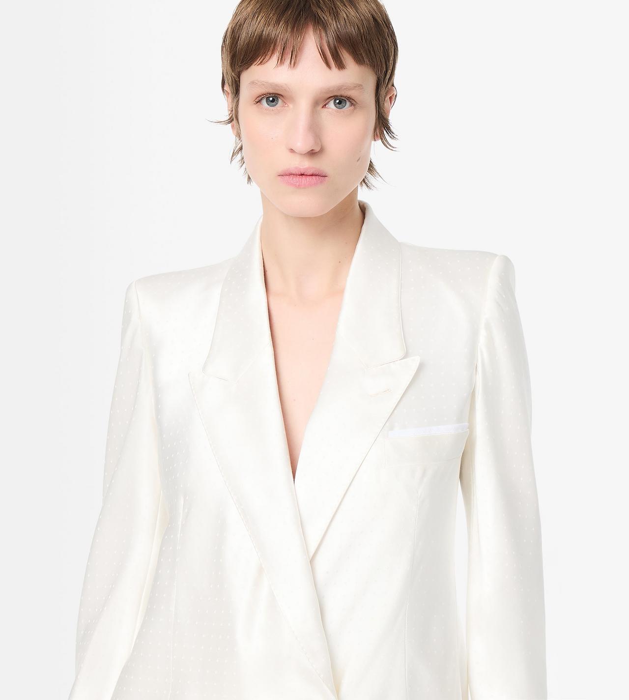 TOM FORD VISCOSE SILK BLEND OFF WHITE GIACCA DOPPIOPETTO CON REVER A LANCIA A TAGLIO DIAGONALE IN JACQUARD A MINI POIS