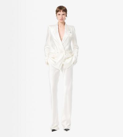 TOM FORD VISCOSE SILK BLEND OFF WHITE GIACCA DOPPIOPETTO CON REVER A LANCIA A TAGLIO DIAGONALE IN JACQUARD A MINI POIS
