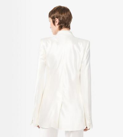 TOM FORD VISCOSE SILK BLEND OFF WHITE GIACCA DOPPIOPETTO CON REVER A LANCIA A TAGLIO DIAGONALE IN JACQUARD A MINI POIS