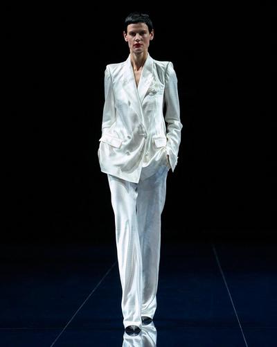 TOM FORD VISCOSE SILK BLEND OFF WHITE GIACCA DOPPIOPETTO CON REVER A LANCIA A TAGLIO DIAGONALE IN JACQUARD A MINI POIS