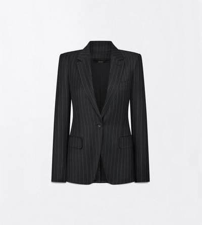 TOM FORD WOOL MOHAIR BLEND BLACK AND WHITE CHALK STRIPE WOOL MOHAIR SINGLE BREASTED BOYFRIEND JACKET