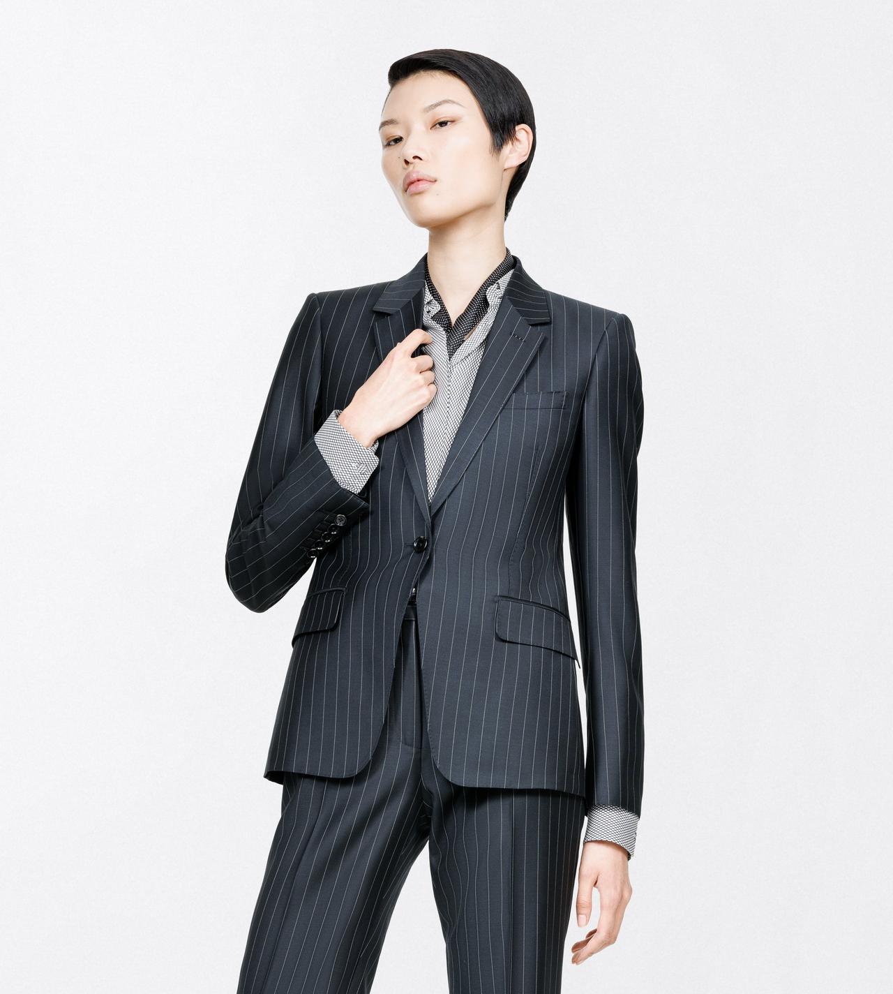 TOM FORD WOOL MOHAIR BLEND BLACK AND WHITE CHALK STRIPE WOOL MOHAIR SINGLE BREASTED BOYFRIEND JACKET
