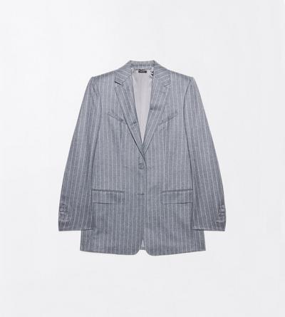 TOM FORD WOOL GREY+WHITE STRIPED FLANNEL WESTERN JACKET