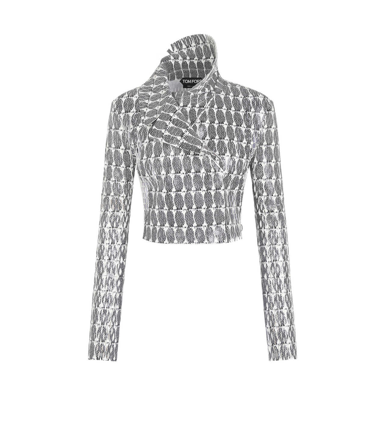 TOM FORD LEATHER COMBO WHITE + BLACK & WHITE PRINTED PERFORATED LEATHER DOUBLE BREASTED JACKET