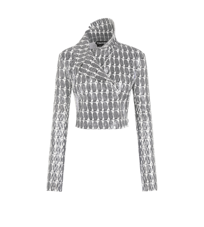 TOM FORD LEATHER COMBO WHITE + BLACK & WHITE PRINTED PERFORATED LEATHER DOUBLE BREASTED JACKET