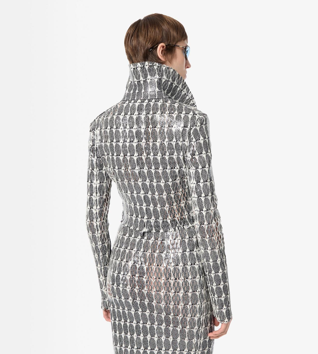 TOM FORD LEATHER COMBO WHITE + BLACK & WHITE PRINTED PERFORATED LEATHER DOUBLE BREASTED JACKET